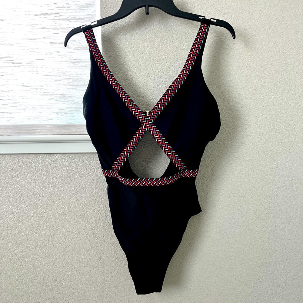 Women’s Black One-Piece Swim with Multicolor Braided Trim